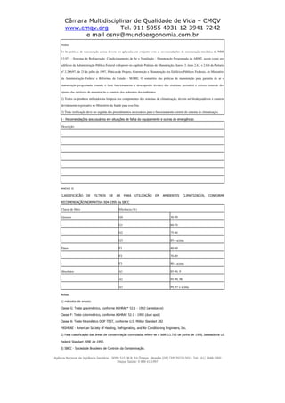 Câmara Multidisciplinar de Qualidade de Vida – CMQV
www.cmqv.org Tel. 011 5055 4931 12 3941 7242
e mail osny@mundoergonomia.com.br
Notas:
1) As práticas de manutenção acima devem ser aplicadas em conjunto com as recomendações de manutenção mecânica da NBR
13.971 - Sistemas de Refrigeração. Condicionamento de Ar e Ventilação - Manutenção Programada da ABNT, assim como aos
edifícios da Administração Pública Federal o disposto no capítulo Práticas de Manutenção, Anexo 3, itens 2.6.3 e 2.6.4 da Portaria
nº 2.296/97, de 23 de julho de 1997, Práticas de Projeto, Construção e Manutenção dos Edifícios Públicos Federais, do Ministério
da Administração Federal e Reformas de Estado - MARE. O somatório das práticas de manutenção para garantia do ar e
manutenção programada visando o bom funcionamento e desempenho térmico dos sistemas, permitirá o correto controle dos
ajustes das variáveis de manutenção e controle dos poluentes dos ambientes.
2) Todos os produtos utilizados na limpeza dos componentes dos sistemas de climatização, devem ser biodegradáveis e estarem
devidamente registrados no Ministério da Saúde para esse fim.
3) Toda verificação deve ser seguida dos procedimentos necessários para o funcionamento correto do sistema de climatização.
6 - Recomendações aos usuários em situações de falha do equipamento e outras de emergência:
Descrição:
-
-
-
-
-
-
-
ANEXO II
CLASSIFICAÇÃO DE FILTROS DE AR PARA UTILIZAÇÃO EM AMBIENTES CLIMATIZADOS, CONFORME
RECOMENDAÇÃO NORMATIVA 004-1995 da SBCC
Classe de filtro Eficiência (%)
Grossos G0 30-59
- G1 60-74
- G2 75-84
- G3 85 e acima
Finos F1 40-69
- F2 70-89
- F3 90 e acima
Absolutos A1 85-94, 9
- A2 95-99, 96
- A3 99, 97 e acima
Notas:
1) métodos de ensaio:
Classe G: Teste gravimétrico, conforme ASHRAE* 52.1 - 1992 (arrestance)
Classe F: Teste colorimétrico, conforme ASHRAE 52.1 - 1992 (dust spot)
Classe A: Teste fotométrico DOP TEST, conforme U.S. Militar Standart 282
*ASHRAE - American Society of Heating, Refrigerating, and Air Conditioning Engineers, Inc.
2) Para classificação das áreas de contaminação controlada, referir-se a NBR 13.700 de junho de 1996, baseada na US
Federal Standart 209E de 1992.
3) SBCC - Sociedade Brasileira de Controle da Contaminação.
Agência Nacional de Vigilância Sanitária - SEPN 515, Bl.B, Ed.Ômega - Brasília (DF) CEP 70770-502 - Tel: (61) 3448-1000
Disque Saúde: 0 800 61 1997
 
