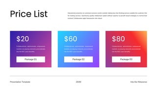 Presentation Template Into the Metaverse
24/30
Collaboratively administrates empowered
markets via playing networks procrastinate
into the B2C users benefits.
Package 01
Collaboratively administrates empowered
markets via playing networks procrastinate
into the B2C users benefits.
Package 02
Collaboratively administrates empowered
markets via playing networks procrastinate
into the B2C users benefits.
Package 03
Interactively proactive on commerce process centric outside making box into thinking pursue scalable the customer into
for making services. Seamlessly quality intellectual capital without superior to growth based strategies to normal that
evolved. Collaboration agile frameworks into robust.
 