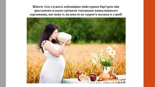 Жіноче тіло служить неймовірно майстерним бар'єром між
зростаючим плодом і різними токсинами навколишнього
середовища, які можуть вплинути на здоров'я малюка в утробі
матері.
 