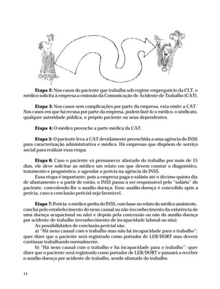 Etapa 2: Nos casos do paciente que trabalha sob regime empregatício da CLT, o
              médico solicita à empresa a emissão da Comunicação de Acidente de Trabalho (CAT).

                   Etapa 3: Nos casos sem complicações por parte da empresa, esta emite a CAT.
              Nos casos em que há recusa por parte da empresa, podem fazê-lo o médico, o sindicato,
              qualquer autoridade pública, o próprio paciente ou seus dependentes.

                        Etapa 4: O médico preenche a parte médica da CAT.

                    Etapa 5: O paciente leva a CAT devidamente preenchida a uma agência do INSS
              para caracterização administrativa e médica. Há empresas que dispõem de serviço
              social para realizar essa etapa.

                    Etapa 6: Caso o paciente vá permanecer afastado do trabalho por mais de 15
              dias, ele deve solicitar ao médico um relato em que devem constar o diagnóstico,
              tratamento e prognóstico, e agendar a perícia na agência do INSS.
                    Essa etapa é importante, pois a empresa paga o salário até o décimo-quinto dia
              de afastamento e a partir de então, o INSS passa a ser responsável pelo “salário” do
              paciente, concedendo-lhe o auxílio-doença. Esse auxílio-doença é concedido após a
              perícia, caso a conclusão pericial seja favorável.

                    Etapa 7: Perícia: o médico-perito do INSS, com base no relato do médico assistente,
              conclui pelo estabelecimento do nexo causal ou não (reconhecimento da existência de
              uma doença ocupacional ou não) e depois pela concessão ou não do auxílio-doença
              por acidente de trabalho (reconhecimento de incapacidade laboral ou não).
                    As possibilidades de conclusão pericial são:
                    a) “Há nexo causal com o trabalho mas não há incapacidade para o trabalho”:
              quer dizer que o paciente será registrado como portador de LER/DORT mas deverá
              continuar trabalhando normalmente.
                    b) “Há nexo causal com o trabalho e há incapacidade para o trabalho”: quer
              dizer que o paciente será registrado como portador de LER/DORT e passará a receber
              o auxílio-doença por acidente de trabalho, sendo afastado do trabalho.


              14




Dilemas, Polêmicas e Dúvidas.p65    14                                   29/05/01, (Editora01) 15:41
 