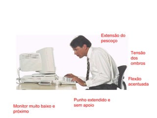 Monitor muito baixo e
próximo
Punho extendido e
sem apoio
Flexão
acentuada
Tensão
dos
ombros
Extensão do
pescoço
 