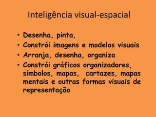 Inteligência visual-espacial

•   Desenha, pinta,
•   Constrói imagens e modelos visuais
•   Arranja, desenha, organiza
•   Constrói gráficos organizadores,
    símbolos, mapas, cartazes, mapas
    mentais e outras formas visuais de
    representação
 