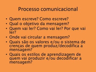 Processo comunicacional
• Quem escreve? Como escreve?
• Qual o objetivo da mensagem?
• Quem vai ler? Como vai ler? Por que vai
  ler?
• Onde vai circular a mensagem?
• Quais são os valores e/ou o sistema de
  crenças de quem produz/decodifica a
  mensagem?
• Quais os estilos de aprendizagem de
  quem vai produzir e/ou decodificar a
  mensagem?
 