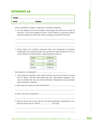263Guia de Planejamento e Orientações Didáticas para o Professor da 4a
série – Ciclo I
ATIVIDADE 6A
NOME: __________________________________________________________________________
DATA: _____ /_______________ TURMA:___________________________________________
Leia os problemas a seguir e responda as questões propostas:
1. Em uma padaria no centro da cidade, Joana pagou R$ 18,00 por um quilo de
presunto. Já em outra padaria de bairro, José comprou 1,5 kg desse mesmo
presunto também por R$ 18,00. Quem conseguiu economizar? Por quê?
2. André, Flávio, Ana e Beatriz resolveram fazer uma competição de bicicleta.
Combinaram que venceria aquele que percorresse maior distância em 15 mi-
nutos. Observe na tabela abaixo o desempenho de cada um:
André 2,250 km
Flávio 2,50 km
Ana 2,450 km
Beatriz 2,350 km
Quem ganhou a competição?
3. Uma pesquisa realizada numa escola concluiu que dos 64 alunos da turma
das 4as
séries, 1/8 dos alunos gosta de rock, 3/8 preferem pagode e 2/8,
funk. O restante não tem uma única preferência. Baseando-se nos resultados
dessa pesquisa, responda:
a. Qual o tipo de música de maior preferência?
b. Qual o de menor preferência?
c. Pode-se afirmar que os que não têm uma única preferência representam a me-
tade dos alunos das 4as
séries? Por quê?
Atividadedoaluno
4aSerie-Mat(correc).indd 2634aSerie-Mat(correc).indd 263 12/28/09 12:28 PM12/28/09 12:28 PM
 