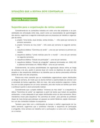 33Guia de Planejamento e Orientações Didáticas para o Professor da 4a
série – Ciclo I
SITUAÇÕES QUE A ROTINA DEVE CONTEMPLAR
Língua Portuguesa
Sugestão para a organização da rotina semanal
Considerando-se os conteúdos tratados em cada uma das propostas e as pos-
sibilidades de articulação entre elas, assim como as necessidades de aprendizagem
dos alunos, sugerimos a seguinte ordenação para as propostas de trabalho e organiza-
ção da rotina:
a. projeto “Uma lenda, duas lendas, tantas lendas...” – três vezes por semana no
primeiro semestre;
b. projeto “Universo ao meu redor” – três vezes por semana no segundo semes-
tre;
c. sequência didática “Caminhos do verde” – uma vez por semana no primeiro se-
mestre;
d. sequência didática “Lendo notícias para ler o mundo” – uma vez por semana
no segundo semestre;
e. sequência didática “Estudo de pontuação” – uma vez por semana;
f. sequência didática “Estudo da ortografia”: palavras terminadas em -ISSE/-ICE
e palavras terminadas em -ANSA/-ANÇA – uma vez por semana.
Evidentemente, há outras possibilidades de organização dessa rotina ao longo
da semana e do ano, porém é preciso levar em conta os objetivos de cada um dos
projetos e das sequências didáticas e os desafios que os alunos precisarão enfrentar
diante de cada uma das propostas.
Parece-nos mais coerente que as modalidades organizativas sejam distribuídas
ao longo da semana, de modo que os alunos tenham a oportunidade de conviver com
a variedade de textos sugeridos. Além do mais, não seria produtivo organizar o traba-
lho com os dois projetos em um único semestre, pois são muitas as tarefas que tanto
o professor quanto o aluno precisarão realizar.
Considerando que o projeto didático “Universo ao meu redor” e a sequência di-
dática “Caminhos do verde” se organizam a partir de textos que tratam de questões
ambientais, o mais adequado é que sejam distribuídos entre os dois semestres. Reco-
mendamos iniciar pela sequência “Os caminhos do verde”, pois permite ao professor
dispor de mais tempo para planejar um passeio ao Jardim Botânico, opção interessan-
te e um dos conteúdos tratados na sequência.
Também para lidar com a distribuição do tempo e melhor organização do tra-
balho semanal, sugerimos que o professor intercale a sequência de pontuação
e ortografia. Uma semana se trabalha com a pontuação e a outra com a ortografia,
ou o inverso.
4aSerie-Port-OK (correc).indd 334aSerie-Port-OK (correc).indd 33 12/28/09 12:27 PM12/28/09 12:27 PM
 