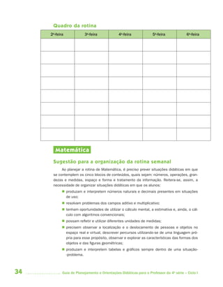 34 Guia de Planejamento e Orientações Didáticas para o Professor da 4a
série – Ciclo I
Quadro da rotina
2a
-feira 3a
-feira 4a
-feira 5a
-feira 6a
-feira
Matemática
Sugestão para a organização da rotina semanal
Ao planejar a rotina de Matemática, é preciso prever situações didáticas em que
se contemplem os cinco blocos de conteúdos, quais sejam: números, operações, gran-
dezas e medidas, espaço e forma e tratamento da informação. Reitera-se, assim, a
necessidade de organizar situações didáticas em que os alunos:
 produzam e interpretem números naturais e decimais presentes em situações
de uso;
 resolvam problemas dos campos aditivo e multiplicativo;
 tenham oportunidades de utilizar o cálculo mental, a estimativa e, ainda, o cál-
culo com algoritmos convencionais;
 possam refletir e utilizar diferentes unidades de medidas;
 precisem observar a localização e o deslocamento de pessoas e objetos no
espaço real e virtual, descrever percursos utilizando-se de uma linguagem pró-
pria para esse propósito, observar e explorar as características das formas dos
objetos e das figuras geométricas;
 produzam e interpretem tabelas e gráficos sempre dentro de uma situação-
-problema.
4aSerie-Port-OK (correc).indd 344aSerie-Port-OK (correc).indd 34 12/28/09 12:27 PM12/28/09 12:27 PM
 