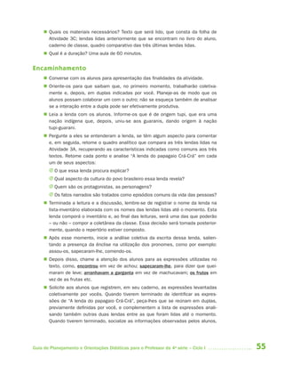 55Guia de Planejamento e Orientações Didáticas para o Professor da 4a
série – Ciclo I
 Quais os materiais necessários? Texto que será lido, que consta da folha de
Atividade 3C; lendas lidas anteriormente que se encontram no livro do aluno,
caderno de classe, quadro comparativo das três últimas lendas lidas.
 Qual é a duração? Uma aula de 60 minutos.
Encaminhamento
 Converse com os alunos para apresentação das finalidades da atividade.
 Oriente-os para que saibam que, no primeiro momento, trabalharão coletiva-
mente e, depois, em duplas indicadas por você. Planeje-as de modo que os
alunos possam colaborar um com o outro; não se esqueça também de analisar
se a interação entre a dupla pode ser efetivamente produtiva.
 Leia a lenda com os alunos. Informe-os que é de origem tupi, que era uma
nação indígena que, depois, uniu-se aos guaranis, dando origem à nação
tupi-guarani.
 Pergunte a eles se entenderam a lenda, se têm algum aspecto para comentar
e, em seguida, retome o quadro analítico que compara as três lendas lidas na
Atividade 3A, recuperando as características indicadas como comuns aos três
textos. Retome cada ponto e analise “A lenda do papagaio Crá-Crá” em cada
um de seus aspectos:
J O que essa lenda procura explicar?
J Qual aspecto da cultura do povo brasileiro essa lenda revela?
J Quem são os protagonistas, as personagens?
J Os fatos narrados são tratados como episódios comuns da vida das pessoas?
 Terminada a leitura e a discussão, lembre-se de registrar o nome da lenda na
lista-inventário elaborada com os nomes das lendas lidas até o momento. Esta
lenda comporá o inventário e, ao final das leituras, será uma das que poderão
– ou não – compor a coletânea da classe. Essa decisão será tomada posterior-
mente, quando o repertório estiver composto.
 Após esse momento, inicie a análise coletiva da escrita dessa lenda, salien-
tando a presença da ênclise na utilização dos pronomes, como por exemplo:
assou-os, sapecaram-lhe, comendo-os.
 Depois disso, chame a atenção dos alunos para as expressões utilizadas no
texto, como, encontrou em vez de achou; sapecaram-lhe, para dizer que quei-
maram de leve; arranhavam a garganta em vez de machucavam; os frutos em
vez de as frutas etc.
 Solicite aos alunos que registrem, em seu caderno, as expressões levantadas
coletivamente por vocês. Quando tiverem terminado de identificar as expres-
sões de “A lenda do papagaio Crá-Crá”, peça-lhes que se reúnam em duplas,
previamente definidas por você, e complementem a lista de expressões anali-
sando também outras duas lendas entre as que foram lidas até o momento.
Quando tiverem terminado, socialize as informações observadas pelos alunos,
4aSerie-Port-OK (correc).indd 554aSerie-Port-OK (correc).indd 55 12/28/09 12:27 PM12/28/09 12:27 PM
 