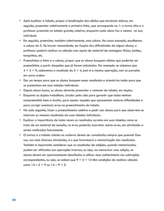 24
•	 	Após explicar a tabela, propor a localização das células que envolvam dobros, em
seguida, preencher coletivamente a primeira linha, que corresponde ao 1: a turma dita e o
professor preenche na tabela grande, coletiva, enquanto cada aluno faz o mesmo na sua,
individual.
•	 Em seguida, preencher, também coletivamente, uma coluna. No nosso exemplo, escolhemos
a coluna do 5. Se houver necessidade, em função das dificuldades de alguns alunos, o
professor poderá realizar os cálculos com apoio de material de contagem: fichas, botões,
tampinhas, etc.
•	 	Preenchidas a linha e a coluna, propor que os alunos busquem células que poderão ser
preenchidas a partir daquelas que já foram calculadas. Por exemplo: se sabemos que 		
4 + 5 = 9, saberemos o resultado do 5 + 4, pois é a mesma operação, com as parcelas
em outra ordem.
•	 Dar um tempo para que os alunos busquem esses resultados e orientá-los todos para que
os preencham em suas tabelas individuais.
•	 	Depois dessa busca, os alunos deverão preencher o restante da tabela, em duplas.
•	 	Enquanto as duplas trabalham, circular pela sala para garantir que todos tenham
compreendido bem a tarefa, para ajudar aqueles que apresentam maiores dificuldades e
para corrigir eventuais erros no preenchimento da tabela.
•	 	Na aula seguinte, fazer o preenchimento coletivo e pedir aos alunos para que observem se
incluíram os mesmos resultados em suas tabelas individuais.
•	 	Explicar a importância de todos terem os resultados corretos em suas tabelas: como se
trata de um material de consulta, os erros poderão acarretar outros erros, em atividades a
serem realizadas futuramente.
•	 O cartaz e a tabela colada no caderno devem ser consultados sempre que possível. Esse
uso, nas mais diversas atividades, é o que favorecerá a memorização dos resultados.
Também é importante considerar que os resultados de adições, quando memorizados,
podem ser utilizados nas operações inversas, ou seja, ao memorizar uma adição, os
alunos devem ser oportunamente desafiados a utilizar esse conhecimento nas subtrações
correspondentes, ou seja, se sabem que 9 + 5 = 14 têm condições de realizar cálculos
como 14 – 5 = 9 ou 14 – 9 = 5.
 