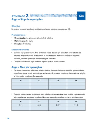 28
Atividade 3 CM
Jogo – Stop de operações
Objetivo
Favorecer a memorização de adições envolvendo números menores que 10.
Planejamento
•	 Organização dos alunos: a atividade é coletiva.
•	 Material: papel e lápis.
•	 Duração: 40 minutos.
Encaminhamento
•	 Explicar o jogo aos alunos. Nas primeiras vezes, deixar que consultem suas tabelas de
adições, mas estimulá-los a recuperar os resultados de memória. Depois de algumas
rodadas, orientar para que não mais façam consultas.
•	 Colocar a cartela do jogo na lousa e pedir que os alunos copiem.
Jogo - Stop de operações
•	 Os alunos copiam na folha uma tabela como a da lousa. Em cada uma das quatro colunas,
o professor pode incluir um total que varie entre 2, o menor resultado da tabela de adição,
e 18, o maior resultado. Por exemplo:
6 12 15 17
•	 Quando todos tiverem preparado suas tabelas, devem escrever uma adição cujo resultado
seja aquele que encabece a coluna. No nosso exemplo, um aluno poderia resolver assim:
6 12 15 17
5+1 6+6 8+7 9+8
			
 