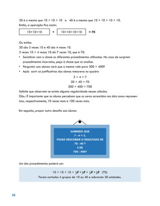 32
30 é o mesmo que 10 + 10 + 10 e 40 é o mesmo que 10 + 10 + 10 + 10.
Então, a operação fica assim:
10+10+10 + 10+10+10+10 = 70
Ou então:
30 são 3 vezes 10 e 40 são 4 vezes 10.
3 vezes 10 + 4 vezes 10 dá 7 vezes 10, que é 70.
•	 	Socializar com a classe os diferentes procedimentos utilizados. No caso de surgirem
procedimentos incorretos, peça à classe que os analise.
•	 	Perguntar aos alunos: será que o mesmo vale para 300 + 400?
•	 	Após ouvir as justificativas dos alunos reescreva no quadro
3 + 4 = 7
30 + 40 = 70
300 + 400 = 700
Solicite que observem se existe alguma regularidade nesses cálculos.
Obs.: É importante que os alunos percebam que os zeros acrescidos nos dois casos represen-
tam, respectivamente, 10 vezes mais e 100 vezes mais.
Em seguida, propor outro desafio aos alunos:
Um dos procedimentos poderá ser:
10 + 10 + 10 + 10 +10 + 10 +10 (70)
Foram cortados 4 grupos de 10 ou 40 e sobraram 30 unidades.
SABENDO QUE
7 - 4 = 3,
POSSO DESCOBRIR O RESULTADO DE
70 - 40 ?
E DE
700 - 400?
 
