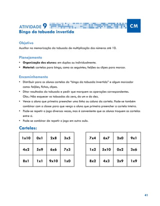 41
Atividade 9 CM
Bingo da tabuada invertida
Objetivo
Auxiliar na memorização da tabuada de multiplicação dos números até 10.
Planejamento
•	 	Organização dos alunos: em duplas ou individualmente.
•	 Material: cartelas para bingo, como as seguintes; feijões ou clipes para marcar.
Encaminhamento
•	 	Distribuir para os alunos cartelas do “bingo da tabuada invertida” e algum marcador
como: feijões, fichas, clipes.
•	 Ditar resultados da tabuada e pedir que marquem as operações correspondentes. 	
Obs.: Não esquecer as tabuadas do zero, do um e do dez.
•	 	Vence o aluno que primeiro preencher uma linha ou coluna da cartela. Pode-se também
combinar com a classe para que vença o aluno que primeiro preencher a cartela inteira.
•	 	Pode-se repetir o jogo diversas vezes, mas é conveniente que os alunos troquem as cartelas
entre si.
•	 Pode-se combinar de repetir o jogo em outra aula.
Cartelas:
1x10 0x1 2x8 3x5
4x2 5x9 6x6 7x3
8x1 1x1 9x10 1x0
7x4 6x7 2x0 9x1
1x2 5x10 0x2 3x6
8x2 4x3 2x9 1x9
 