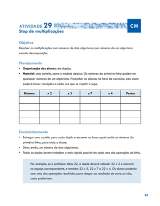 85
Atividade 29 CM
Stop de multiplicações
Objetivo
Resolver as multiplicações com números de dois algarismos por números de um algarismo
usando decomposição.
Planejamento
•	 	Organização dos alunos: em duplas.
•	 Material: uma cartela, como o modelo abaixo. Os números da primeira linha podem ser
quaisquer números de um algarismo. Preencher as colunas na hora do exercício, pois assim
poderá haver variações a cada vez que se repetir o jogo.
Número x 2 x 5 x 7 x 4 Pontos
					
Encaminhamento
•	 Entregar uma cartela para cada dupla e escrever na lousa quais serão os números da
primeira linha, para toda a classe.
•	 	Ditar, então, um número de dois algarismos.
•	 Todas as duplas devem trabalhar o mais rápido possível em cada uma das operações da linha.
Por exemplo, se o professor ditou 22, a dupla deverá calcular 22 x 2 e escrever
no espaço correspondente, e também 22 x 5, 22 x 7 e 22 x 4. Os alunos poderão
usar uma das operações resolvidas para chegar ao resultado de outra ou não,
como preferirem.
 