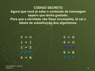 CÓDIGO SECRETO
Agora que você já sabe o conteúdo da mensagem
espero que tenha gostado.
Para que a atividade não fique incompleta, lá vai a
tabela de substituição dos algarismos.
0 = O0 = O
1 = I1 = I
2 = Z2 = Z
3 = E3 = E
4 = A4 = A
5 = S5 = S
6 = G6 = G
7 = T7 = T
8 = B8 = B
9 = P9 = P
PROFESSOR: OSMARPROFESSOR: OSMAR
PEREIRAPEREIRA 4242
 