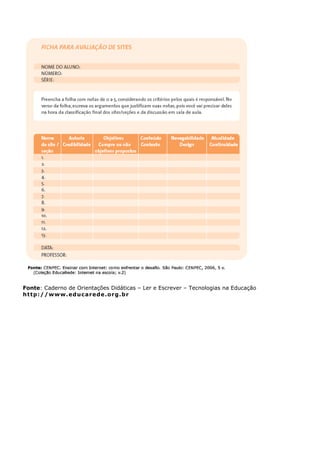 Fonte: Caderno de Orientações Didáticas – Ler e Escrever – Tecnologias na Educação
h t tp: / /www .ed ucar ede .o rg .b r
 