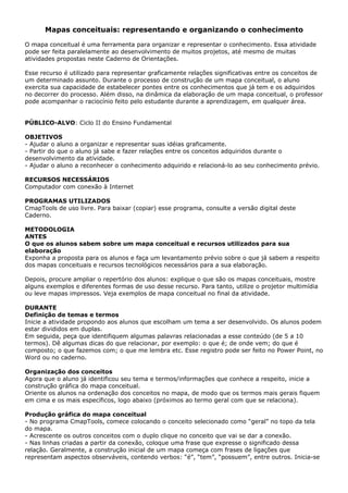 Mapas conceituais: representando e organizando o conhecimento

O mapa conceitual é uma ferramenta para organizar e representar o conhecimento. Essa atividade
pode ser feita paralelamente ao desenvolvimento de muitos projetos, até mesmo de muitas
atividades propostas neste Caderno de Orientações.

Esse recurso é utilizado para representar graficamente relações significativas entre os conceitos de
um determinado assunto. Durante o processo de construção de um mapa conceitual, o aluno
exercita sua capacidade de estabelecer pontes entre os conhecimentos que já tem e os adquiridos
no decorrer do processo. Além disso, na dinâmica da elaboração de um mapa conceitual, o professor
pode acompanhar o raciocínio feito pelo estudante durante a aprendizagem, em qualquer área.


PÚBLICO-ALVO: Ciclo II do Ensino Fundamental

OBJETIVOS
- Ajudar o aluno a organizar e representar suas idéias graficamente.
- Partir do que o aluno já sabe e fazer relações entre os conceitos adquiridos durante o
desenvolvimento da atividade.
- Ajudar o aluno a reconhecer o conhecimento adquirido e relacioná-lo ao seu conhecimento prévio.

RECURSOS NECESSÁRIOS
Computador com conexão à Internet

PROGRAMAS UTILIZADOS
CmapTools de uso livre. Para baixar (copiar) esse programa, consulte a versão digital deste
Caderno.

METODOLOGIA
ANTES
O que os alunos sabem sobre um mapa conceitual e recursos utilizados para sua
elaboração
Exponha a proposta para os alunos e faça um levantamento prévio sobre o que já sabem a respeito
dos mapas conceituais e recursos tecnológicos necessários para a sua elaboração.

Depois, procure ampliar o repertório dos alunos: explique o que são os mapas conceituais, mostre
alguns exemplos e diferentes formas de uso desse recurso. Para tanto, utilize o projetor multimídia
ou leve mapas impressos. Veja exemplos de mapa conceitual no final da atividade.

DURANTE
Definição de temas e termos
Inicie a atividade propondo aos alunos que escolham um tema a ser desenvolvido. Os alunos podem
estar divididos em duplas.
Em seguida, peça que identifiquem algumas palavras relacionadas a esse conteúdo (de 5 a 10
termos). Dê algumas dicas do que relacionar, por exemplo: o que é; de onde vem; do que é
composto; o que fazemos com; o que me lembra etc. Esse registro pode ser feito no Power Point, no
Word ou no caderno.

Organização dos conceitos
Agora que o aluno já identificou seu tema e termos/informações que conhece a respeito, inicie a
construção gráfica do mapa conceitual.
Oriente os alunos na ordenação dos conceitos no mapa, de modo que os termos mais gerais fiquem
em cima e os mais específicos, logo abaixo (próximos ao termo geral com que se relaciona).

Produção gráfica do mapa conceitual
- No programa CmapTools, comece colocando o conceito selecionado como “geral” no topo da tela
do mapa.
- Acrescente os outros conceitos com o duplo clique no conceito que vai se dar a conexão.
- Nas linhas criadas a partir da conexão, coloque uma frase que expresse o significado dessa
relação. Geralmente, a construção inicial de um mapa começa com frases de ligações que
representam aspectos observáveis, contendo verbos: “é”, “tem”, “possuem”, entre outros. Inicia-se
 