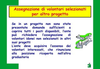 Se in un progetto non sono state
presentate domande sufficienti a
coprire tutti i posti disponibili, l’ente
può richiedere l’assegnazione di
volontari idonei non selezionati in altri
suoi progetti
L’ente deve acquisire l’assenso dei
volontari interessati, che rinunciano
alla posizione ricoperta nell’altra
graduatoria
Assegnazione di volontari selezionati
per altro progetto
 