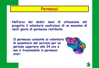 Nell’arco dei dodici mesi di attuazione del
progetto il volontario usufruisce di un massimo di
venti giorni di permesso retribuito
Permessi
Il permesso consente al volontario
di assentarsi dal servizio per un
periodo superiore alle 24 ore e
non è frazionabile in permessi
orari
 