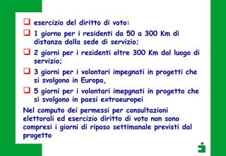  esercizio del diritto di voto:
 1 giorno per i residenti da 50 a 300 Km di
distanza dalla sede di servizio;
 2 giorni per i residenti oltre 300 Km dal luogo di
servizio;
 3 giorni per i volontari impegnati in progetti che
si svolgono in Europa,
 5 giorni per i volontari imepgnati in progetto che
si svolgono in paesi extraeuropei
Nel computo dei permessi per consultazioni
elettorali ed esercizio diritto di voto non sono
compresi i giorni di riposo settimanale previsti dal
progetto
 