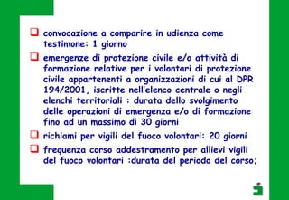 convocazione a comparire in udienza come
testimone: 1 giorno
 emergenze di protezione civile e/o attività di
formazione relative per i volontari di protezione
civile appartenenti a organizzazioni di cui al DPR
194/2001, iscritte nell’elenco centrale o negli
elenchi territoriali : durata dello svolgimento
delle operazioni di emergenza e/o di formazione
fino ad un massimo di 30 giorni
 richiami per vigili del fuoco volontari: 20 giorni
 frequenza corso addestramento per allievi vigili
del fuoco volontari :durata del periodo del corso;
 