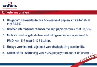 Enkele resultaten

1. Belgacom verminderde zijn hoeveelheid papier- en kartonafval
   met 31,9%.
2. Brother International reduceerde zijn papierverbruik met 33,5 %.

3. Mobistar verhoogde de hoeveelheid gescheiden ingezamelde
   PMD van 115 naar 3.135 kg/jaar.

4. Unisys verminderde zijn kost van afvalophaling aanzienlijk.

5. Gescheiden inzameling van KGA, polystyreen, toner en drums …


                                                                      9
 
