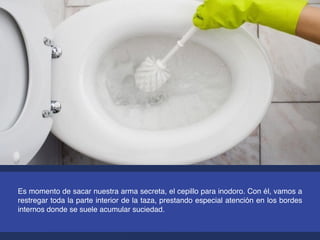 Es momento de sacar nuestra arma secreta, el cepillo para inodoro. Con él, vamos a
restregar toda la parte interior de la taza, prestando especial atención en los bordes
internos donde se suele acumular suciedad.
 