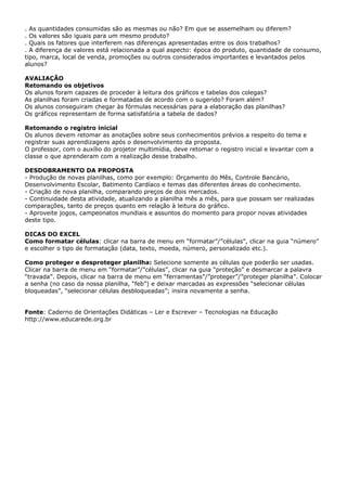 . As quantidades consumidas são as mesmas ou não? Em que se assemelham ou diferem?
. Os valores são iguais para um mesmo produto?
. Quais os fatores que interferem nas diferenças apresentadas entre os dois trabalhos?
. A diferença de valores está relacionada a qual aspecto: época do produto, quantidade de consumo,
tipo, marca, local de venda, promoções ou outros considerados importantes e levantados pelos
alunos?

AVALIAÇÃO
Retomando os objetivos
Os alunos foram capazes de proceder à leitura dos gráficos e tabelas dos colegas?
As planilhas foram criadas e formatadas de acordo com o sugerido? Foram além?
Os alunos conseguiram chegar às fórmulas necessárias para a elaboração das planilhas?
Os gráficos representam de forma satisfatória a tabela de dados?

Retomando o registro inicial
Os alunos devem retomar as anotações sobre seus conhecimentos prévios a respeito do tema e
registrar suas aprendizagens após o desenvolvimento da proposta.
O professor, com o auxílio do projetor multimídia, deve retomar o registro inicial e levantar com a
classe o que aprenderam com a realização desse trabalho.

DESDOBRAMENTO DA PROPOSTA
- Produção de novas planilhas, como por exemplo: Orçamento do Mês, Controle Bancário,
Desenvolvimento Escolar, Batimento Cardíaco e temas das diferentes áreas do conhecimento.
- Criação de nova planilha, comparando preços de dois mercados.
- Continuidade desta atividade, atualizando a planilha mês a mês, para que possam ser realizadas
comparações, tanto de preços quanto em relação à leitura do gráfico.
- Aproveite jogos, campeonatos mundiais e assuntos do momento para propor novas atividades
deste tipo.

DICAS DO EXCEL
Como formatar células: clicar na barra de menu em “formatar”/”células”, clicar na guia “número”
e escolher o tipo de formatação (data, texto, moeda, número, personalizado etc.).

Como proteger e desproteger planilha: Selecione somente as células que poderão ser usadas.
Clicar na barra de menu em “formatar”/”células”, clicar na guia “proteção” e desmarcar a palavra
“travada”. Depois, clicar na barra de menu em “ferramentas”/”proteger”/”proteger planilha”. Colocar
a senha (no caso da nossa planilha, “feb”) e deixar marcadas as expressões “selecionar células
bloqueadas”, “selecionar células desbloqueadas”; insira novamente a senha.


Fonte: Caderno de Orientações Didáticas – Ler e Escrever – Tecnologias na Educação
http://www.educarede.org.br
 
