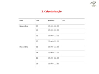 2. Calendarização Mês Dias Horário Obs. Novembro 09 19:00 – 22:00 16 19:00 – 22:00 23 19:00 – 22:00 30 19:00 – 22:00 Dezembro 11 19:00 – 22:00 14 19:00 – 22:00 21 19:00 – 22:30 28 19:00 – 22:30 