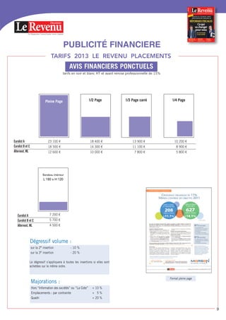 23 100 € 18 400 € 13 900 € 10 200 €
18 500 € 14 300 € 11 100 € 8 900 €
12 600 € 10 000 € 7 800 € 5 800 €
Pleine Page 1/2 Page 1/3 Page carré 1/4 Page
Bandeau intérieur
L 180 x H 120
sur la 2e insertion - 10 %
sur la 3e insertion - 20 %
Le dégressif s’appliquera à toutes les insertions si elles sont
achetées sur le même ordre.
Dégressif volume :
Format pleine page
Eurolist A
Eurolist B et C
Alternext, ML
Eurolist A
Eurolist B et C
Alternext, ML
7 200 €
5 700 €
4 500 €
tarifs en noir et blanc HT et avant remise professionnelle de 15%
AVIS FINANCIERS PONCTUELS
Hors “Information des sociétés” ou “La Cote” + 10 %
Emplacements : par contrainte + 5 %
Quadri + 20 %
Majorations :
PUBLICITÉ FINANCIERE
Le Magazine Conseil pour votre Argent
Placements
TARIFS 2013 LE REVENU PLACEMENTS
9
 