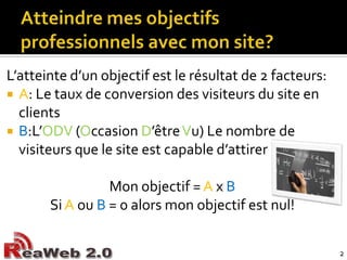 Atteindre mes objectifs professionnels avec mon site?L’atteinte d’un objectif est le résultat de 2 facteurs:A: Le taux de conversion des visiteurs du site en clientsB:L’ODV (Occasion D’être Vu) Le nombre de visiteurs que le site est capable d’attirerMon objectif = AxBSi A ou B = 0 alors mon objectif est nul!2