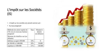 L'Impôt sur les Sociétés
(IS)
• L'impôt sur les sociétés est calculé comme suit :
• Au taux progressif
 