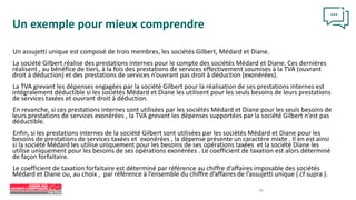 30
Un exemple pour mieux comprendre
Un assujetti unique est composé de trois membres, les sociétés Gilbert, Médard et Diane.
La société Gilbert réalise des prestations internes pour le compte des sociétés Médard et Diane. Ces dernières
réalisent , au bénéfice de tiers, à la fois des prestations de services effectivement soumises à la TVA (ouvrant
droit à déduction) et des prestations de services n’ouvrant pas droit à déduction (exonérées).
La TVA grevant les dépenses engagées par la société Gilbert pour la réalisation de ses prestations internes est
intégralement déductible si les sociétés Médard et Diane les utilisent pour les seuls besoins de leurs prestations
de services taxées et ouvrant droit à déduction.
En revanche, si ces prestations internes sont utilisées par les sociétés Médard et Diane pour les seuls besoins de
leurs prestations de services exonérées , la TVA grevant les dépenses supportées par la société Gilbert n’est pas
déductible.
Enfin, si les prestations internes de la société Gilbert sont utilisées par les sociétés Médard et Diane pour les
besoins de prestations de services taxées et exonérées , la dépense présente un caractère mixte . Il en est ainsi
si la société Médard les utilise uniquement pour les besoins de ses opérations taxées et la société Diane les
utilise uniquement pour les besoins de ses opérations exonérées . Le coefficient de taxation est alors déterminé
de façon forfaitaire.
Le coefficient de taxation forfaitaire est déterminé par référence au chiffre d’affaires imposable des sociétés
Médard et Diane ou, au choix , par référence à l’ensemble du chiffre d’affaires de l’assujetti unique ( cf supra ).
 