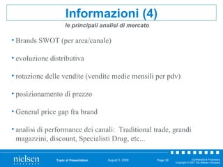 Topic of Presentation Page  Informazioni (4) <ul><li>Brands SWOT (per area/canale) </li></ul><ul><li>evoluzione distributi...
