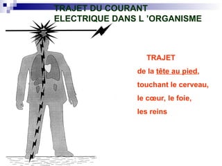 TRAJET
de la tête au pied,
touchant le cerveau,
le cœur, le foie,
les reins
TRAJET DU COURANT
ELECTRIQUE DANS L ’ORGANISME
 