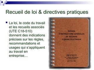Recueil de loi & directives pratiques
 La loi, le code du travail
et les recueils associés
(UTE C18-510)
donnent des indications
précises sur les règles,
recommandations et
usages qui s’appliquent
au travail en
entreprise…
 