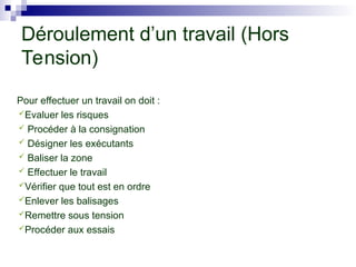 Déroulement d’un travail (Hors
Tension)
Pour effectuer un travail on doit :
Evaluer les risques
 Procéder à la consignation
 Désigner les exécutants
 Baliser la zone
 Effectuer le travail
Vérifier que tout est en ordre
Enlever les balisages
Remettre sous tension
Procéder aux essais
 