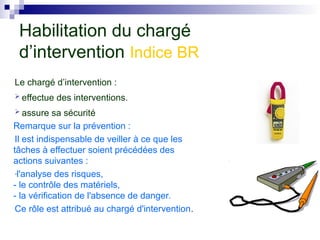 Le chargé d’intervention :
 effectue des interventions.
 assure sa sécurité
Remarque sur la prévention :
Il est indispensable de veiller à ce que les
tâches à effectuer soient précédées des
actions suivantes :
-l'analyse des risques,
- le contrôle des matériels,
- la vérification de l'absence de danger.
Ce rôle est attribué au chargé d'intervention.
Habilitation du chargé
d’intervention Indice BR
 