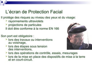 Il protège des risques au niveau des yeux et du visage:
 rayonnements ultraviolets
 projections de particules
Il doit être conforme à la norme EN 166
Son port est obligatoire :
 lors des travaux ou interventions
au voisinage,
 lors des étapes sous tension
des interventions,
 lors des opérations de contrôle, essais, mesurages
 lors de la mise en place des dispositifs de mise à la terre
et en court-circuit.
L’écran de Protection Facial
 