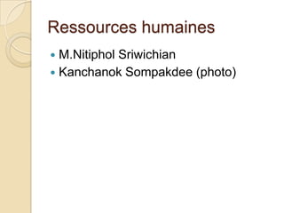 Ressources humaines
 M.Nitiphol Sriwichian
 Kanchanok Sompakdee (photo)
 