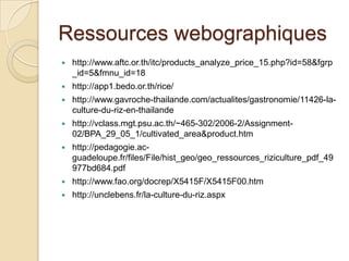 Ressources webographiques
   http://www.aftc.or.th/itc/products_analyze_price_15.php?id=58&fgrp
    _id=5&fmnu_id=18
   http://app1.bedo.or.th/rice/
   http://www.gavroche-thailande.com/actualites/gastronomie/11426-la-
    culture-du-riz-en-thailande
   http://vclass.mgt.psu.ac.th/~465-302/2006-2/Assignment-
    02/BPA_29_05_1/cultivated_area&product.htm
   http://pedagogie.ac-
    guadeloupe.fr/files/File/hist_geo/geo_ressources_riziculture_pdf_49
    977bd684.pdf
   http://www.fao.org/docrep/X5415F/X5415F00.htm
   http://unclebens.fr/la-culture-du-riz.aspx
 