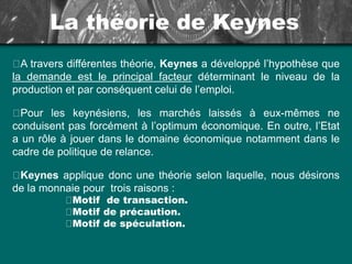 La théorie de Keynes
A travers différentes théorie, Keynes a développé l’hypothèse que
la demande est le principal facteur...