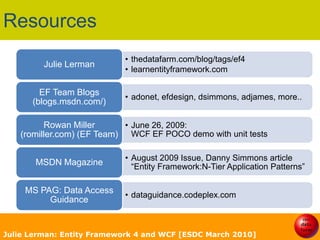 Julie LermanwebsitetheDataFarm.comblog & twittertheDataFarm.com/blog@julielermanVTbook web siteLearnEntityFramework.comconsultant/mentorMicrosoft MVP, INETA Speaker,ASPInsider, MCP, VTdotNET LeaderJulie Lerman: Entity Framework 4 and WCF [ESDC March 2010]2nd EditionSpring 2010