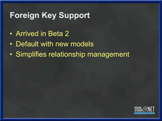 Foreign Key Support<br />Arrived in Beta 2<br />Default with new models<br />Simplifies relationship management<br />