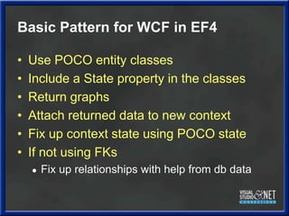 Basic Pattern for WCF in EF4<br />Use POCO entity classes<br />Include a State property in the classes<br />Return graphs<...