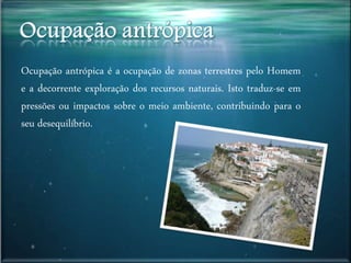 Ocupação antrópica é a ocupação de zonas terrestres pelo Homem
e a decorrente exploração dos recursos naturais. Isto traduz-se em
pressões ou impactos sobre o meio ambiente, contribuindo para o
seu desequilíbrio.
 