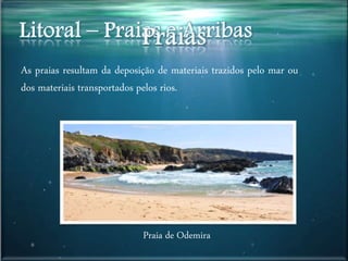 As praias resultam da deposição de materiais trazidos pelo mar ou
dos materiais transportados pelos rios.
Praia de Odemira
 