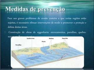 Face aos graves problemas de erosão costeira a que certas regiões estão
sujeitas, é necessário efetuar intervenções de modo a promover a proteção e
defesa destas àreas.
Construção de obras de engenharia: enrocamentos, paredões, quebra-
mares, molhes e esporões.
 