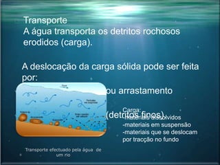Transporte
A água transporta os detritos rochosos
erodidos (carga).
A deslocação da carga sólida pode ser feita
por:
 saltação, rolamento ou arrastamento
(detritos grosseiros)
 suspensão na água (detritos finos).
Carga:
-materiais dissolvidos
-materiais em suspensão
-materiais que se deslocam
por tracção no fundo
Transporte efectuado pela água de
um rio
 