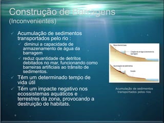Construção de Barragens
(Inconvenientes)
 Acumulação de sedimentos
transportados pelo rio :
 diminui a capacidade de
armazenamento de água da
barragem
 reduz quantidade de detritos
debitados no mar, funcionando como
barreiras artificiais ao trânsito de
sedimentos.
 Têm um determinado tempo de
vida útil
 Têm um impacte negativo nos
ecossistemas aquáticos e
terrestres da zona, provocando a
destruição de habitats.
Acumulação de sedimentos
transportados pelos rios
 