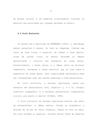 11

em

peixes

nativos

e

em

espécies

originalmente

trazidas

do

exterior mas procriados por algumas gerações no Brasil.

2.3 Ciclo Evolutivo

De acordo com a descrição de FERNÁNDEZ (1981), a reprodução
destes parasitas é sexual. Os ovos ao romperem, liberam uma
larva de vida livre, o nauplius. Ao chegar a fase adulta,
ainda

em

estado

aproveitando

o

livre,

interior

os
das

machos

fecundam

brânquias

de

as

fêmeas

algum

peixe.

Posteriormente, o macho morre, e a fêmea sofre um processo
regressivo, retomando a forma anterior, que se fixa sobre a
superfície de algum peixe. Esta simplicidade morfológica pode
ser interpretada como uma grande adaptação a vida parasitária.
No

ciclo

evolutivo,

a

Lernaea

cyprinacea,

passa

por

estágios não parasitários (ovo, nauplius 1, 2 e 3), estágio
infectivo (copepodito 1) e estágios parasitários (copepoditos
2,3,4,5, pré adulto e adulto) (CIDASC, 1998).
O ciclo evolutivo da Lernaea cyprinacea envolve uma série
de

metamorfoses.

A

fêmea

adulta,

fixada

no

hospedeiro

e

provida de um par de sacos ovígeros, libera os ovos na água.
Dos ovos eclodem os náuplius. Ocorrem várias fases de náuplius
a

 