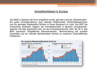 Immobilienblasen in Europa
Als 2002 in Spanien der Euro eingeführt wurde, galt das Land als „Musterknabe“.
Ein gutes Investitionsklima, eine niedrige Inflationsrate, Wirtschaftswachstum
und ein geringes Staatsdefizit führten zu einen Bauboom im Land. Als 2007 die
Finanzkrise ausbrach, begann der Immobilienmarkt in Spanien einzubrechen.
Spanien traf dies besonders hart, da die Immobilienbranche mehr als 30 % des
BIPs ausmacht. Wegfallende Steuereinahmen, Überschuldung der privaten
Haushalte und ein maroder Bankensektor führten zu massiven wirtschaftlichen
Problemen.

 